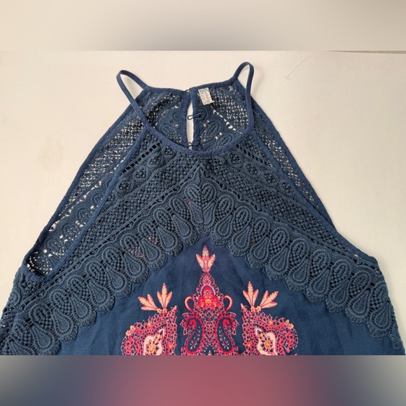 Free People Shea Printed Mini Dress Small Pink Blue Paisley Crochet Lace Boho - Picture 5 of 12